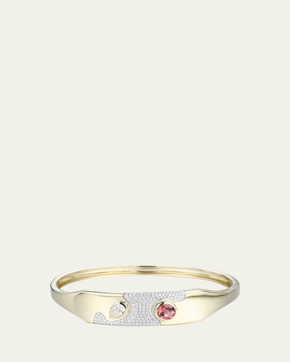 14K Yellow Gold Lava Pink Sapphire and Diamonds Bangle Bracelet